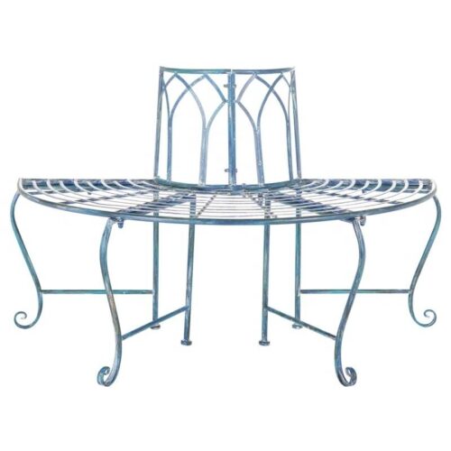 Half-Circle Outdoor Patio Garden Antique Blue Wrought Iron Tree Bench