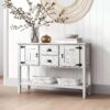 Farmhouse Solid Wood Sofa Table with Storage Drawers in Rustic White Finish