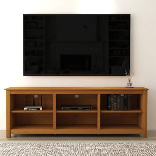 Farmhouse TV Stand in Amber Brown Wood Finish – for TVs up to 70-inch