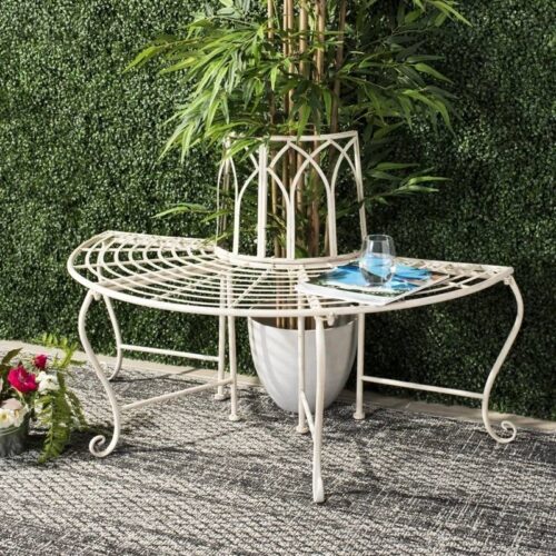 Half-Circle Outdoor Patio Garden Antique White Wrought Iron Tree Bench