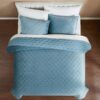 Full / Queen 3-Piece Blue Velvet Embroidered Lavishly Soft Quilt Set