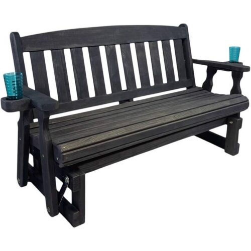 4ft Heavy Duty Black Wooden Porch Glider Bench with Cupholders – Made in USA
