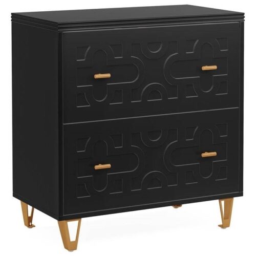 Retro Black/Gold Geometric Scroll 2 Drawer Filing Cabinet Printer Stand