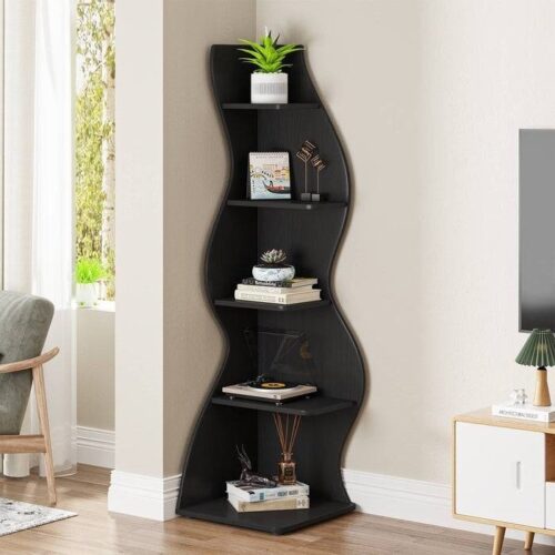 Modern 5 Shelf Corner Bookcase in Black Wood Finish