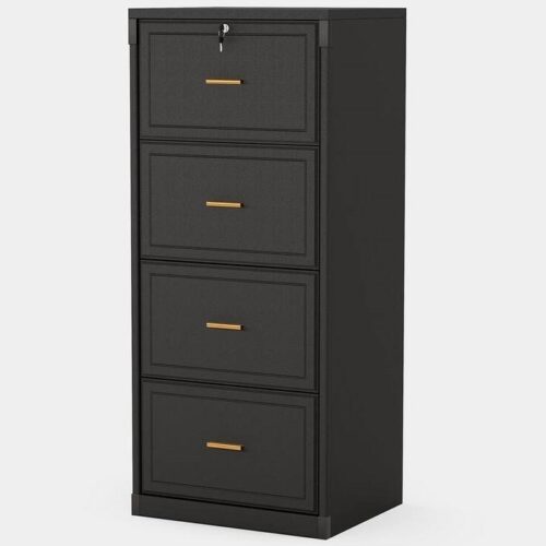 Vertical File Cabinet in Black Wood Finish with 4 Lockable Storage Drawers