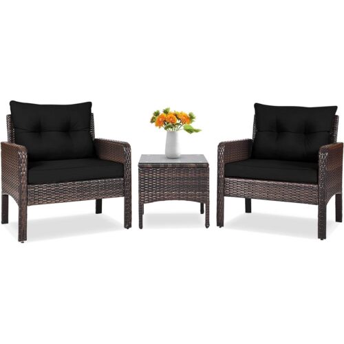 3-Piece Brown PE Rattan Outdoor Dining Patio Furniture Set with Black Cushions 3-Piece Brown PE Rattan Outdoor Dining Patio Furniture Set with Black Cushions