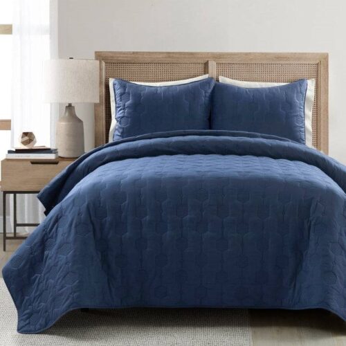 Full/Queen size Lightweight Blue Textured Cotton 3 Piece Quilt Set Full/Queen size Lightweight Blue Textured Cotton 3 Piece Quilt Set