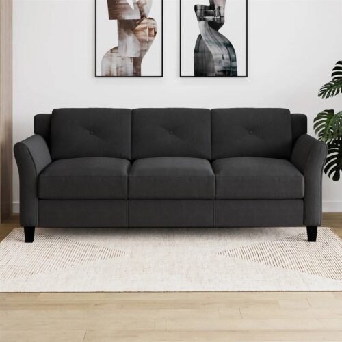 Modern 3-Seater Black Microfiber Upholstered Sofa