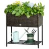 Brown Modern PE Rattan Wicker Raised Garden Bed Elevated Planter Box