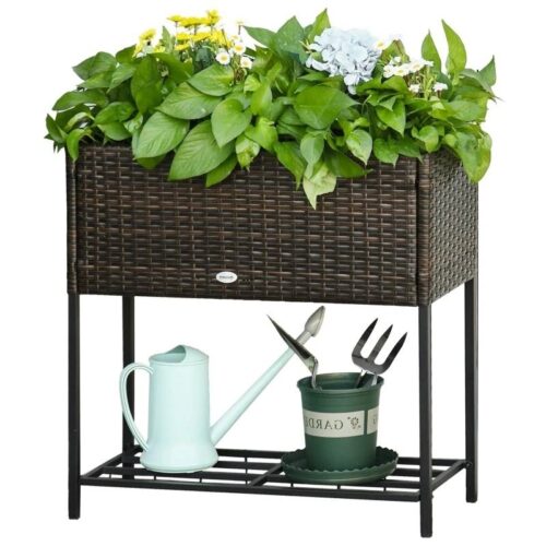 Brown Modern PE Rattan Wicker Raised Garden Bed Elevated Planter Box