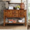 Solid Wood Farmhouse Console Table Buffet Cabinet with Storage Drawers in Brown