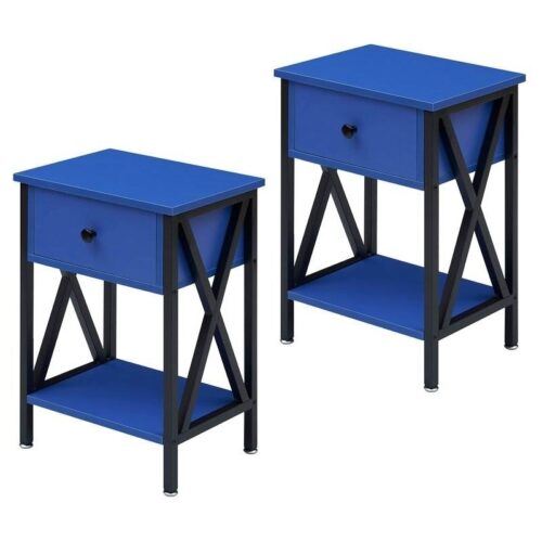 Set of 2 – 1 Drawer Nightstand in Dark Blue and Black