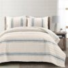 California King Blue Off-White Cream Stripe 3 Piece Reversible Cotton Quilt Set