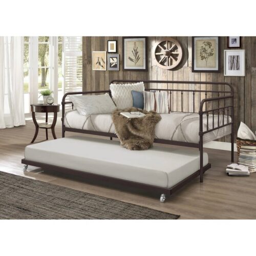 Twin size Rounded Iron Daybed with Roll Out Trundle Bed Frame in Copper Brown Twin size Rounded Iron Daybed with Roll Out Trundle Bed Frame in Copper Brown