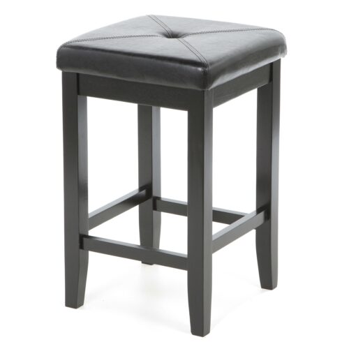 Set of 2 – Black Bar Stools 24-inch High w/ Cushion Faux Leather Seat