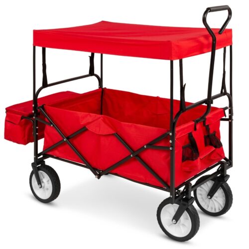 Collapsible Utility Wagon Cart Indoor/Outdoor with Canopy – Red