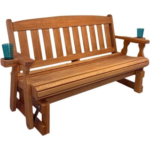 4ft Heavy Duty Porch Glider Bench with Cupholders in Cedar Finish – Made in USA