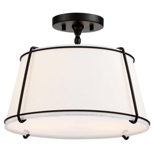 2-Light Round 15-inch White Drum Ceiling Light w/ Black Metal – Semi-Flush Mount