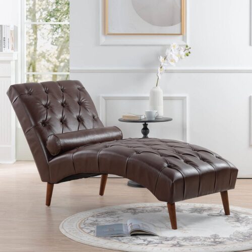 Brown PU Leather Upholstered Armless Chaise Lounge Chair with Lumbar Pillow