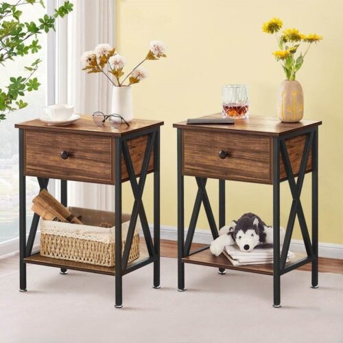 Set of 2 – Rustic 1 Drawer Nightstand in Brown and Black Wood Finish