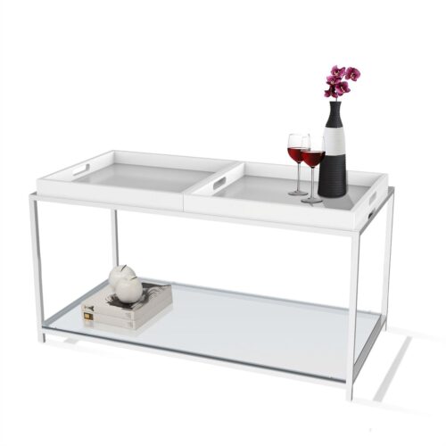 Modern Chrome Metal Coffee Table with 2 White Removable Trays Modern Chrome Metal Coffee Table with 2 White Removable Trays