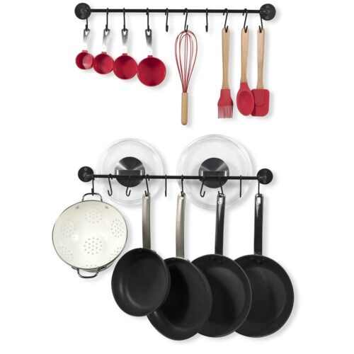 Set of 2 – Black Metal Wall Mounted Pot Rack with 20 Hanging Hooks