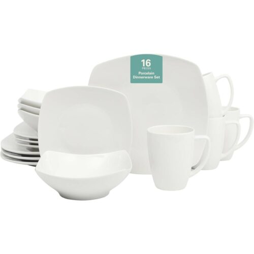 16 Pieces – White Square Porcelain Dinnerware Set – Service for 4
