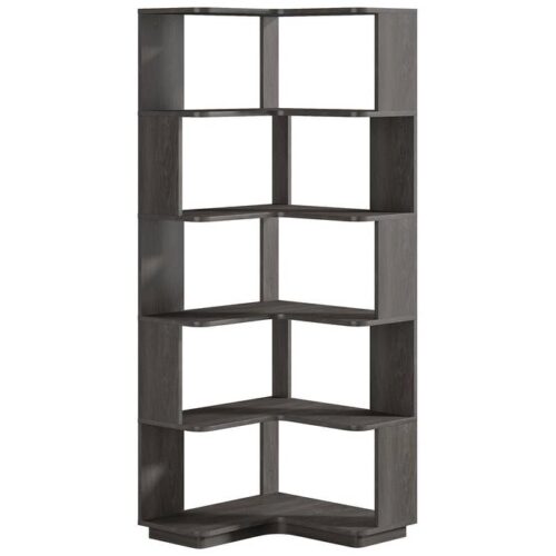 Multifunctional 6 Shelf Corner L-Shaped Bookcase in Dark Grey Wood Finish