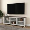 Farmhouse TV Stand in Grey Oak with Brown Wood Finish Top for TVs up to 70-inch