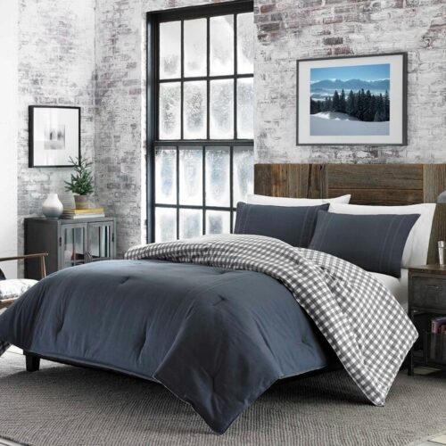 Full/Queen size 100% Cotton Reverse Plaid Gray/White Comforter Set Full/Queen size 100% Cotton Reverse Plaid Gray/White Comforter Set