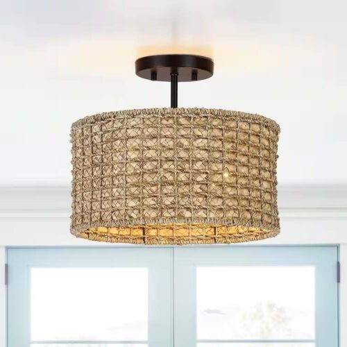 Bohemian 13.6-inch Round Rattan Drum 2-Light Ceiling Light – Semi-Flush Mount