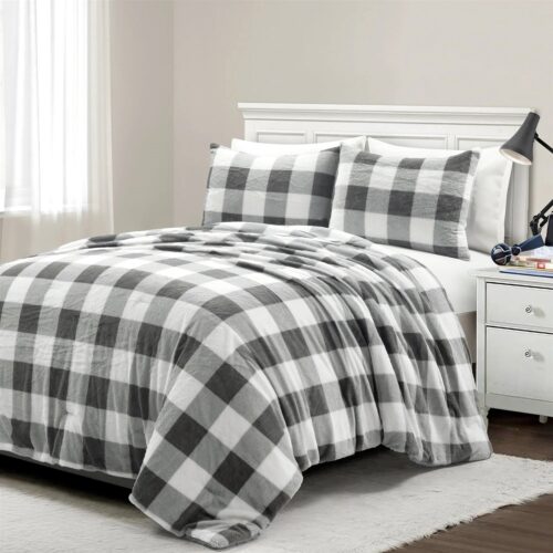 Full/Queen Size Plaid Soft Faux Fur Comforter Set in Black White Grey Full/Queen Size Plaid Soft Faux Fur Comforter Set in Black White Grey