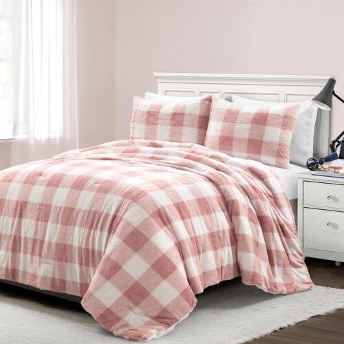 Full/Queen Size Plaid Soft Faux Fur Comforter Set Pink Blush Full/Queen Size Plaid Soft Faux Fur Comforter Set Pink Blush