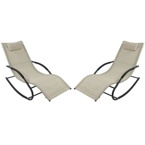 Set of 2 Beige Rocking Chaise Lounger Patio Lounge Chair with Pillow