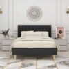 Full size Mid-Century Black Linen Platform Bed Frame with Upholstered Headboard