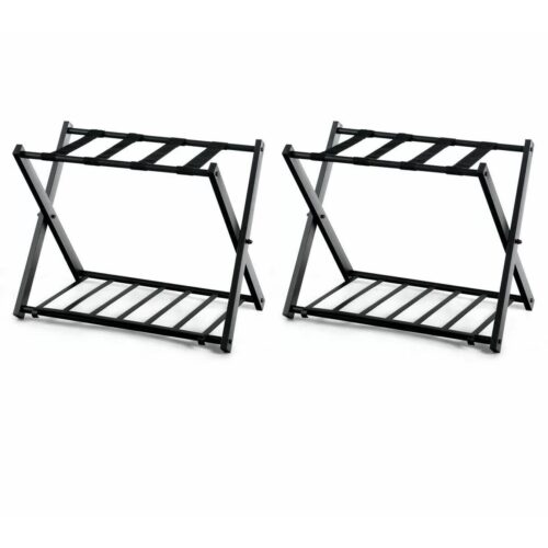 Set of 2 – Folding Black Metal Luggage Rack with Bottom Storage Shelf