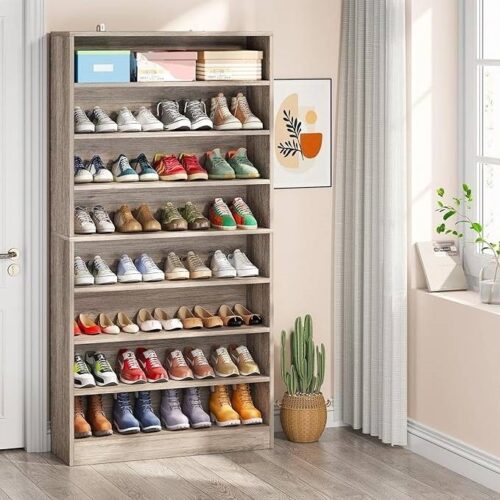 8-Shelf Shoe Rack Storage Cabinet in Grey Wood Finish – Holds Up To 45 Pairs