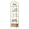 Arched Top Gold Metal Display Rack Narrow Bookcase with 5 Glass Storage Shelves