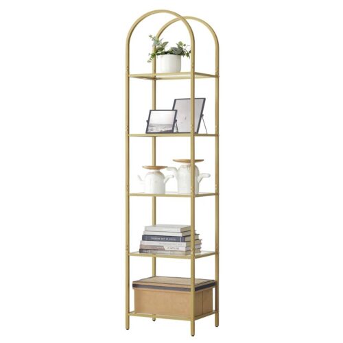 Arched Top Gold Metal Display Rack Narrow Bookcase with 5 Glass Storage Shelves