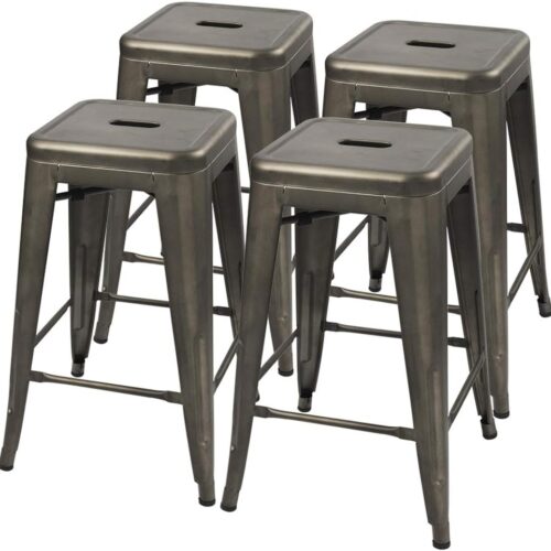 Set of 4 – 24-in. Indoor/Outdoor Backless Stacking Gunmetal Grey Metal Barstools