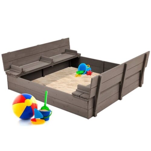 Sturdy Cedar Wood Kids Outdoor Sandbox with Benches in Grey Finish