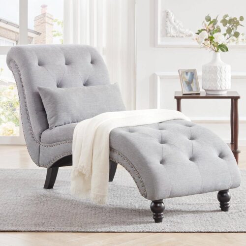 Grey Linen Upholstered Armless Chaise Lounge Chair with Pillow Grey Linen Upholstered Armless Chaise Lounge Chair with Pillow