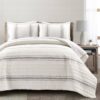 King Size Grey White 3 Piece Stripe Reversible Cotton Quilt Set