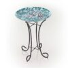 Teal Green Blue White Mosaic Glass Birdbath Bowl with Black Metal Stand