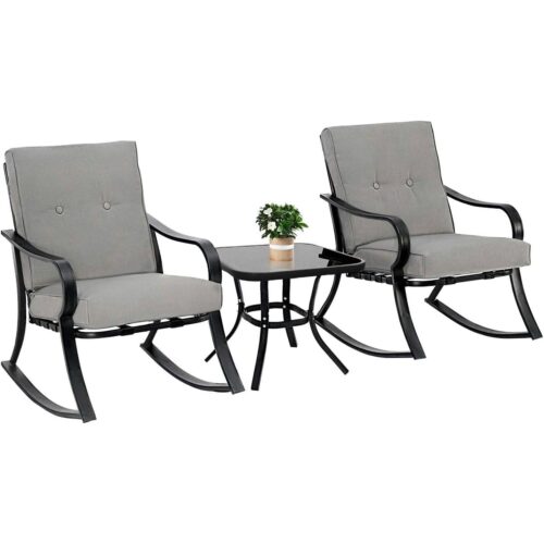 Outdoor 3-Piece Patio Furniture Table Rocking Chairs Set with Grey Cushions Outdoor 3-Piece Patio Furniture Table Rocking Chairs Set with Grey Cushions
