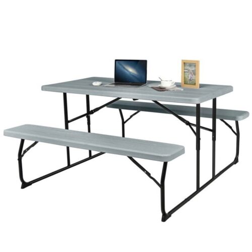 Grey Folding Picnic Table with 2 Benches Outdoor Patio Dining Set Grey Folding Picnic Table with 2 Benches Outdoor Patio Dining Set