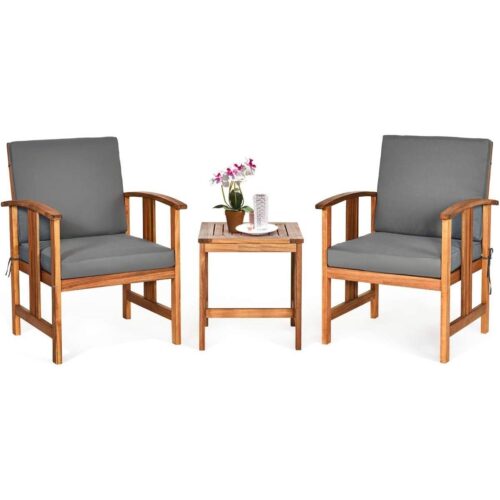 3-Piece Solid Wood Outdoor Patio Furniture Chairs Table Set with Grey Cushions 3-Piece Solid Wood Outdoor Patio Furniture Chairs Table Set with Grey Cushions