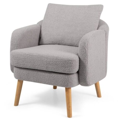 Modern Grey Sherpa Fabric Upholstered Accent Chair with Wooden Legs
