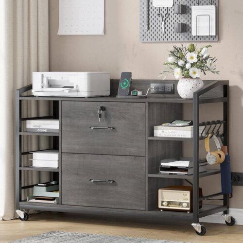 Grey Printer Stand Bookcase Power Station Mobile Office File Cabinet