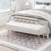 Modern Bed Bench Ottoman with White Ivory PU Leather Seat and Gold Metal Legs